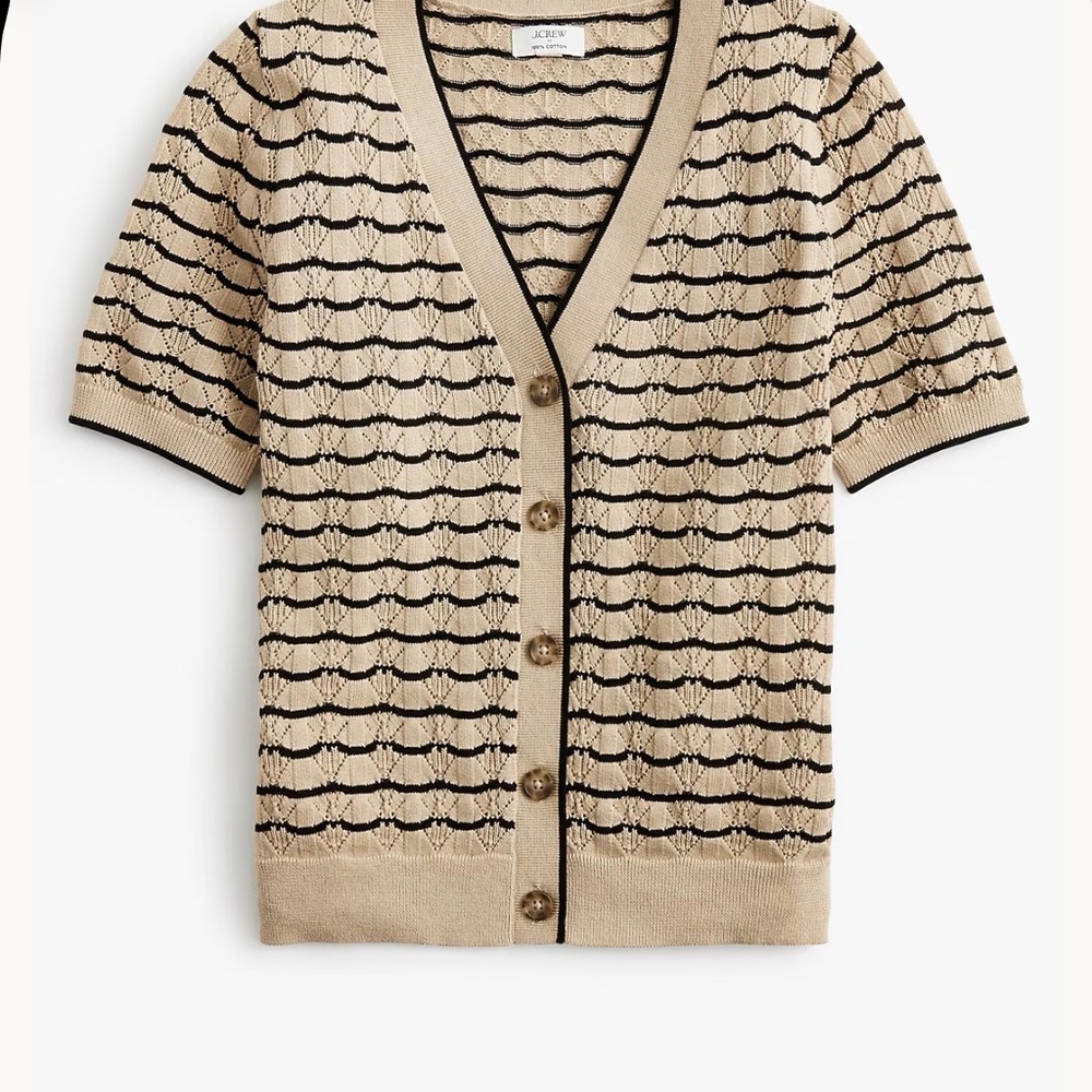 J. Crew Beige Short-Sleeve Cardigan with Black Stripe Detail
